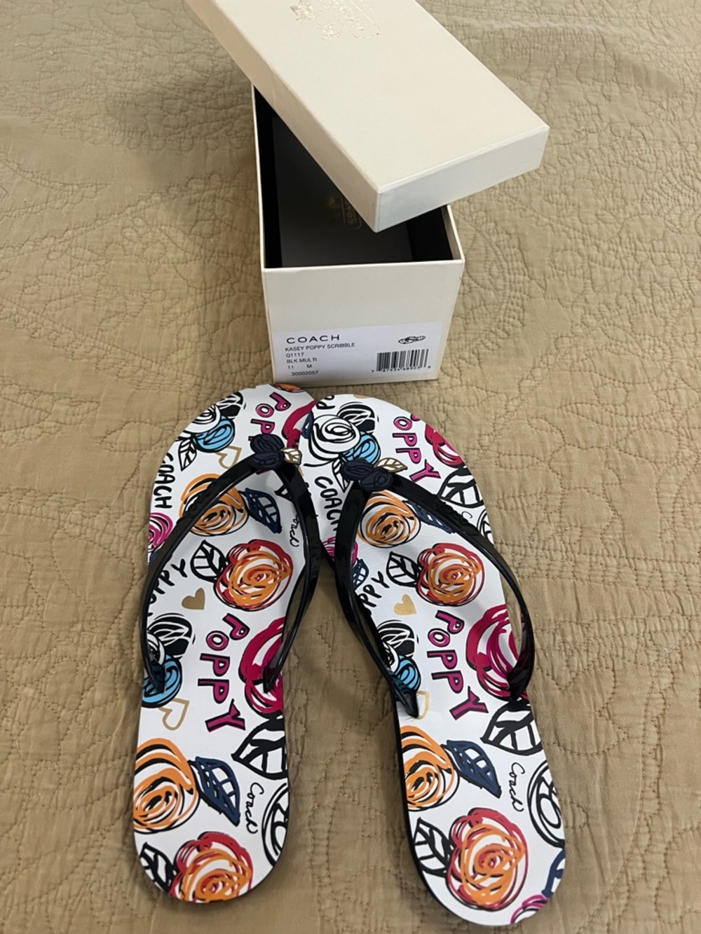 NIB Coach Multicolor Poppy Print Flip Flop Sandals with Black Straps size 11